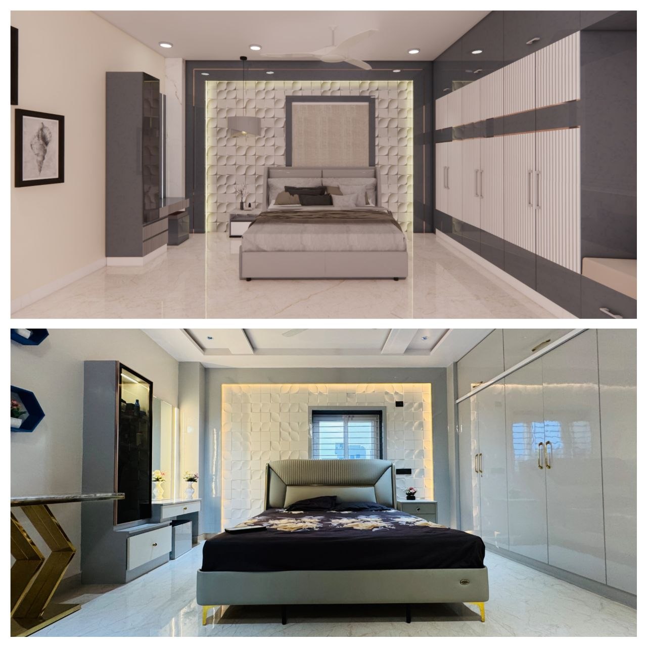 Master bedroom with textured 3D accent wall and gloss wardrobes — luxury villa interior by Vinterior Hub, Hyderabad
